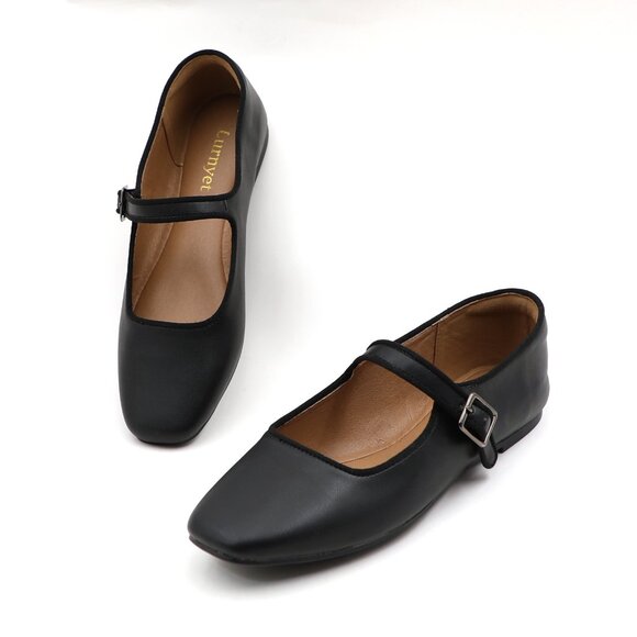 Black Cushioned Insole Classic Mary Jane Ballet Flat Adjustable Ankle Strap - Picture 8 of 11